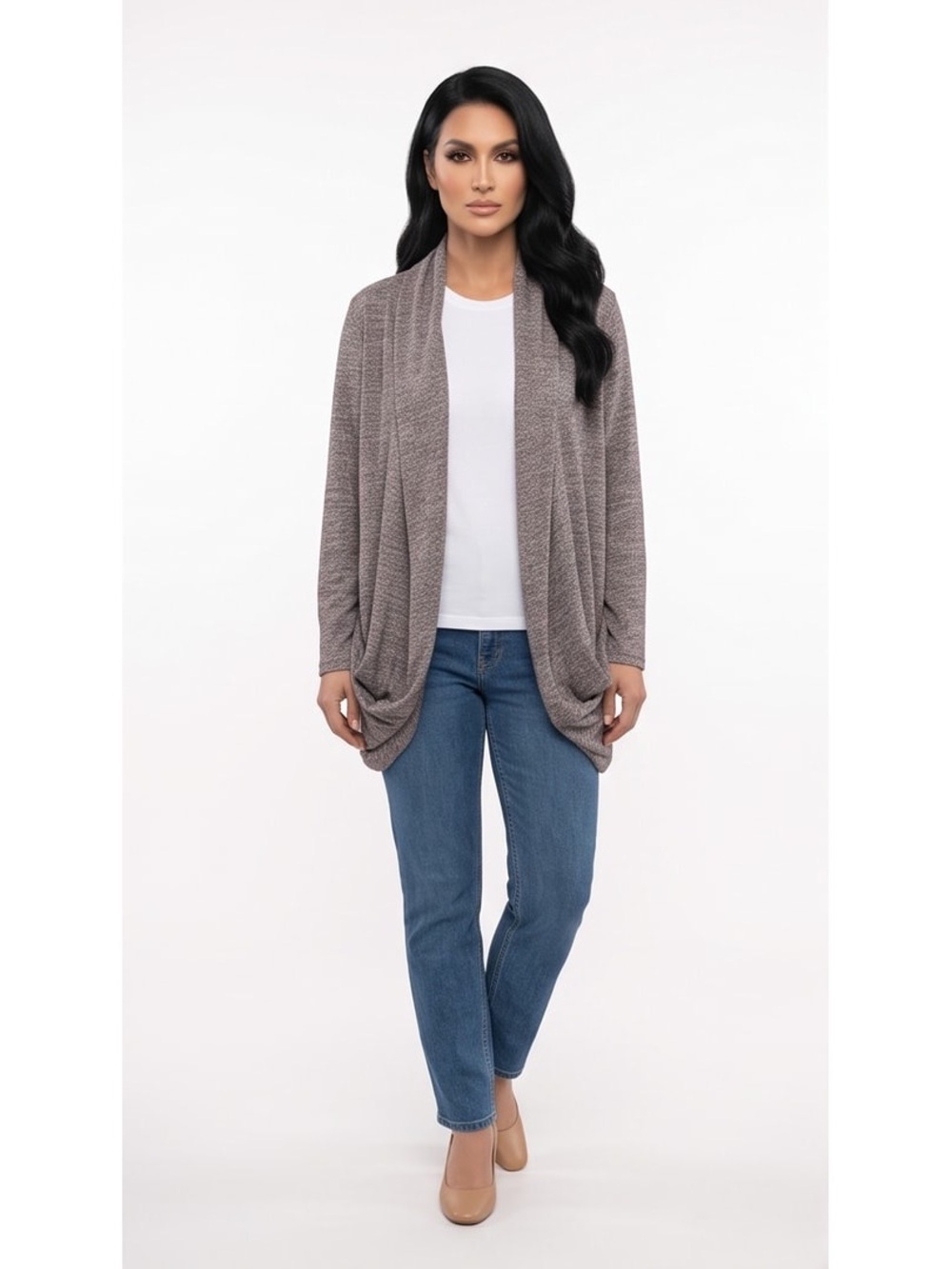 UGG Heather Gray Brown Open-Front Draped Cardigan Women’s Sz L Cotton Blend
